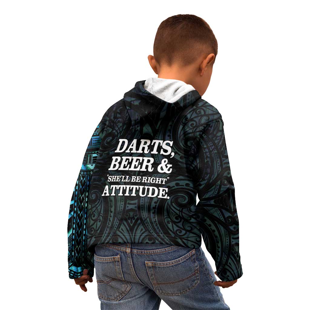 Personalized New Zealand Darts Beer Kid Hoodie Paua Shell Aotearoa Maori Tattoo - Polynesian Pride