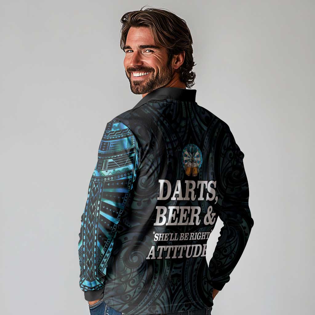 Personalized New Zealand Darts Beer Long Sleeve Polo Shirt Paua Shell Aotearoa Maori Tattoo - Polynesian Pride
