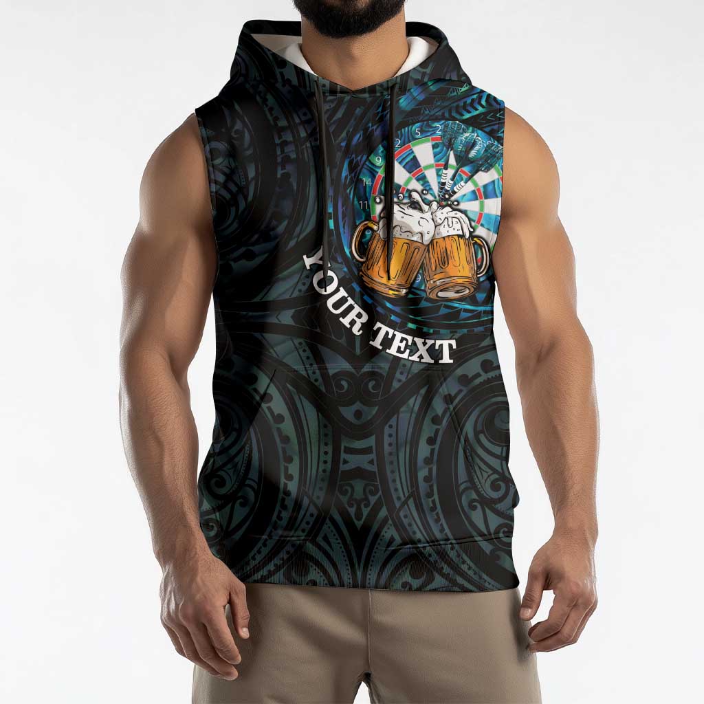 Personalized New Zealand Darts Beer Sleeveless Hoodie Paua Shell Aotearoa Maori Tattoo - Polynesian Pride