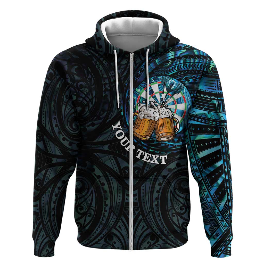Personalized New Zealand Darts Beer Zip Hoodie Paua Shell Aotearoa Maori Tattoo LT14 Zip Hoodie Black - Polynesian Pride