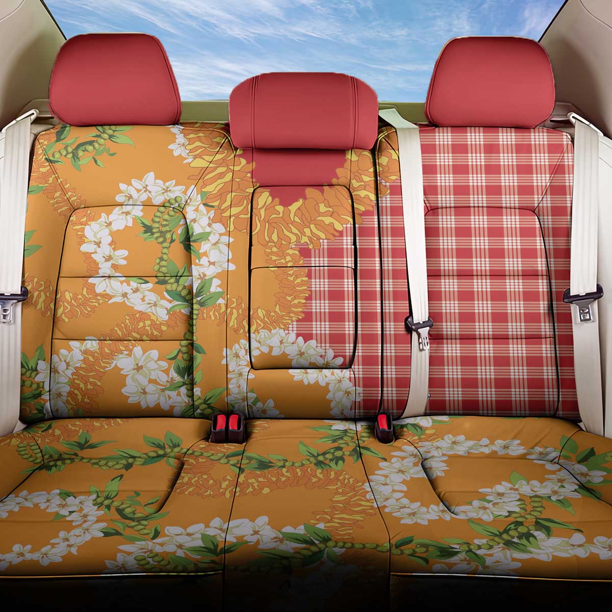 Prince Kuhio Aloha Hawaii Back Car Seat Cover Plumeria Ilima Lei Palaka Motifs