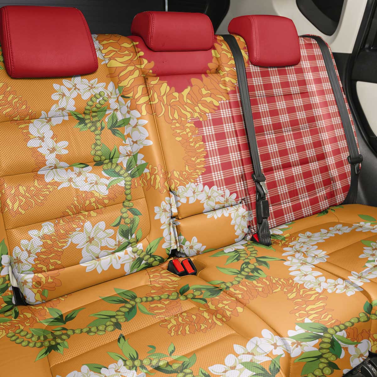 Prince Kuhio Aloha Hawaii Back Car Seat Cover Plumeria Ilima Lei Palaka Motifs