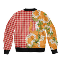 Prince Kuhio Aloha Hawaii Bomber Jacket Plumeria Ilima Lei Palaka Motifs