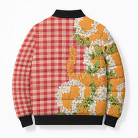 Prince Kuhio Aloha Hawaii Bomber Puffer Jacket Plumeria Ilima Lei Palaka Motifs