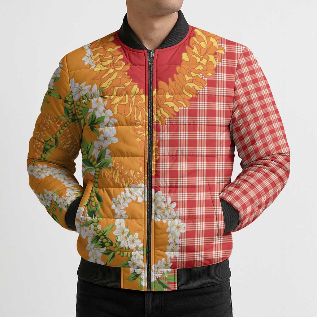 Prince Kuhio Aloha Hawaii Bomber Puffer Jacket Plumeria Ilima Lei Palaka Motifs
