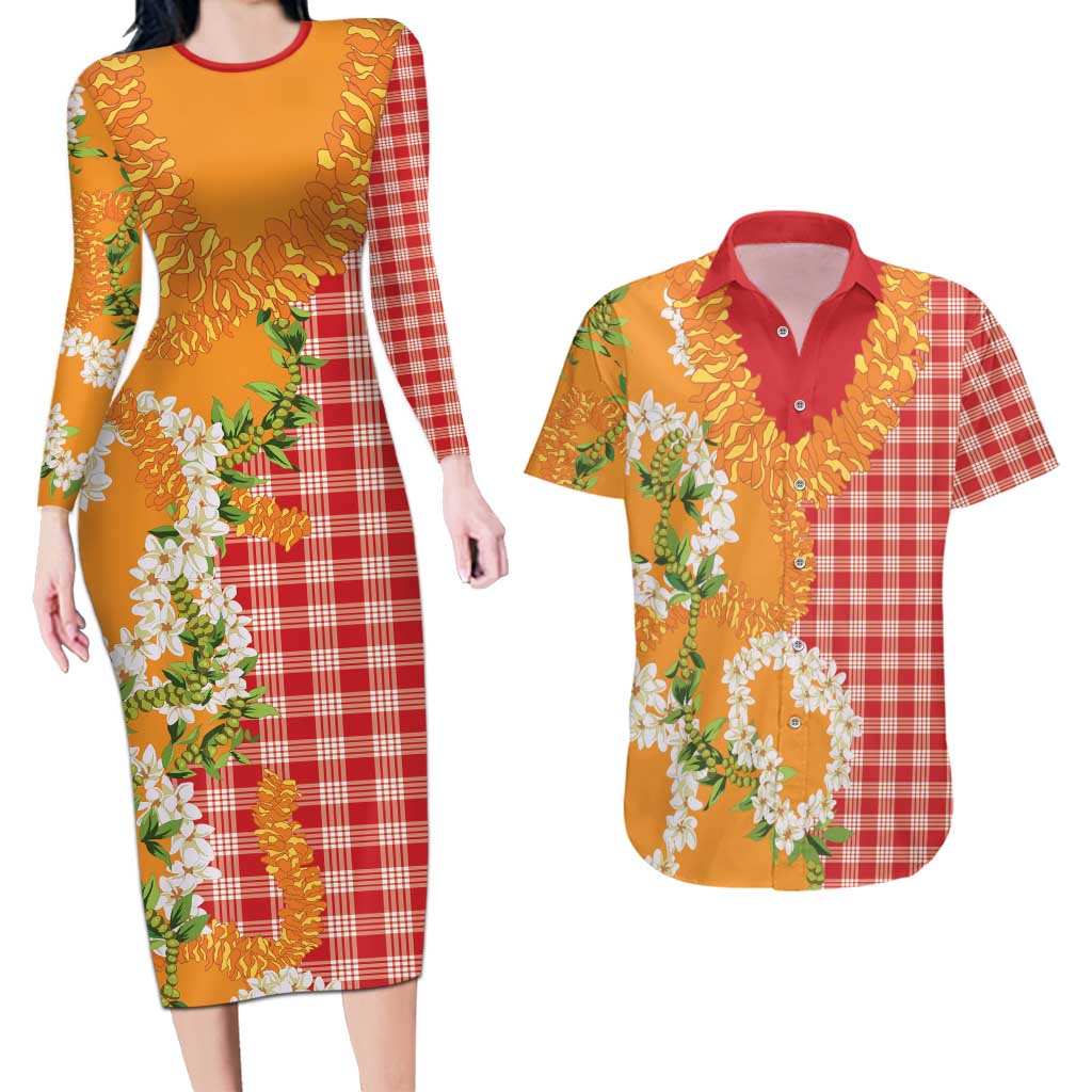 Prince Kuhio Aloha Hawaii Couples Matching Long Sleeve Bodycon Dress and Hawaiian Shirt Plumeria Ilima Lei Palaka Motifs