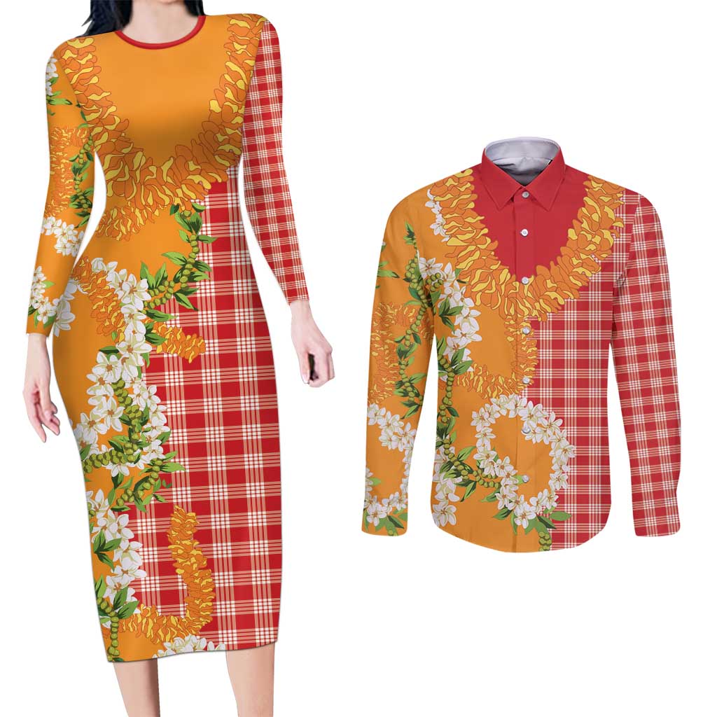 Prince Kuhio Aloha Hawaii Couples Matching Long Sleeve Bodycon Dress and Long Sleeve Button Shirt Plumeria Ilima Lei Palaka Motifs LT14 Red - Polynesian Pride