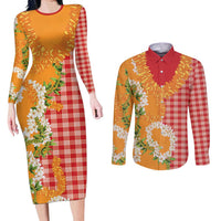 Prince Kuhio Aloha Hawaii Couples Matching Long Sleeve Bodycon Dress and Long Sleeve Button Shirt Plumeria Ilima Lei Palaka Motifs LT14 Red - Polynesian Pride