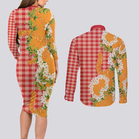 Prince Kuhio Aloha Hawaii Couples Matching Long Sleeve Bodycon Dress and Long Sleeve Button Shirt Plumeria Ilima Lei Palaka Motifs LT14 - Polynesian Pride