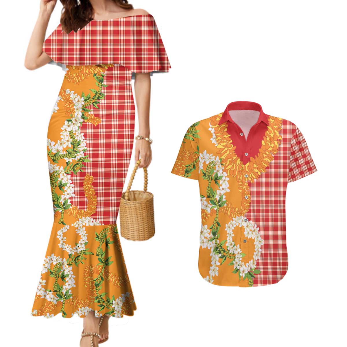 Prince Kuhio Aloha Hawaii Couples Matching Mermaid Dress and Hawaiian Shirt Plumeria Ilima Lei Palaka Motifs LT14 Red - Polynesian Pride