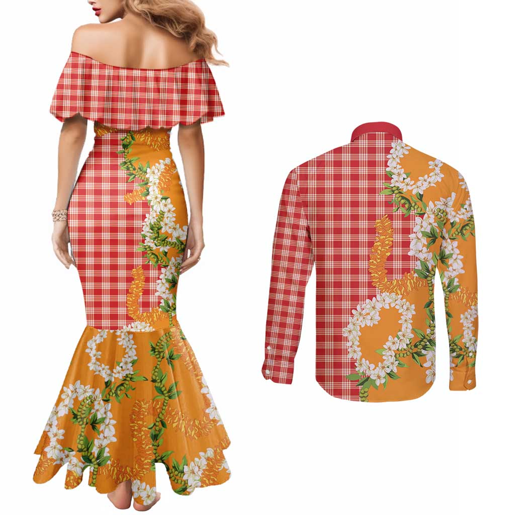 Prince Kuhio Aloha Hawaii Couples Matching Mermaid Dress and Long Sleeve Button Shirt Plumeria Ilima Lei Palaka Motifs LT14 - Polynesian Pride