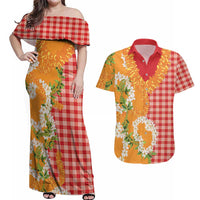 Prince Kuhio Aloha Hawaii Couples Matching Off Shoulder Maxi Dress and Hawaiian Shirt Plumeria Ilima Lei Palaka Motifs LT14 Red - Polynesian Pride