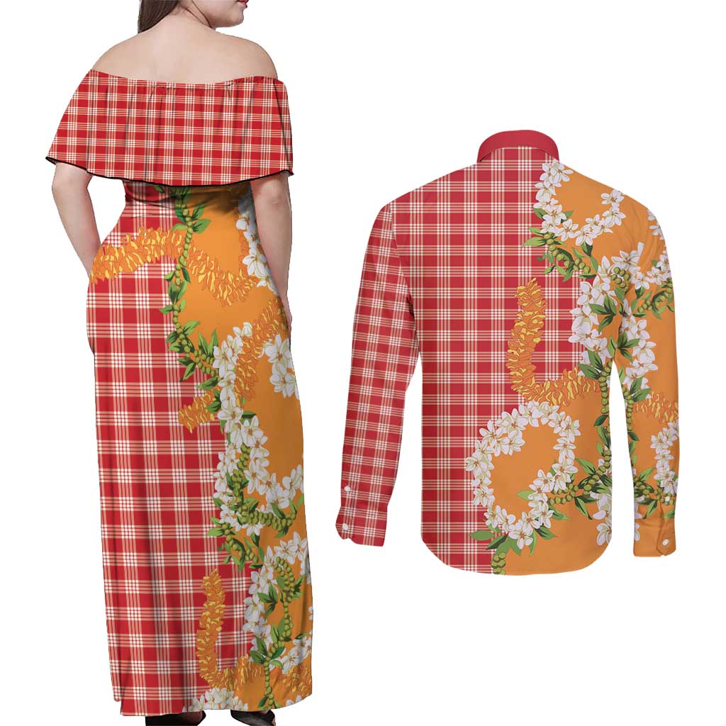Prince Kuhio Aloha Hawaii Couples Matching Off Shoulder Maxi Dress and Long Sleeve Button Shirt Plumeria Ilima Lei Palaka Motifs LT14 - Polynesian Pride