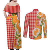 Prince Kuhio Aloha Hawaii Couples Matching Off Shoulder Maxi Dress and Long Sleeve Button Shirt Plumeria Ilima Lei Palaka Motifs LT14 - Polynesian Pride