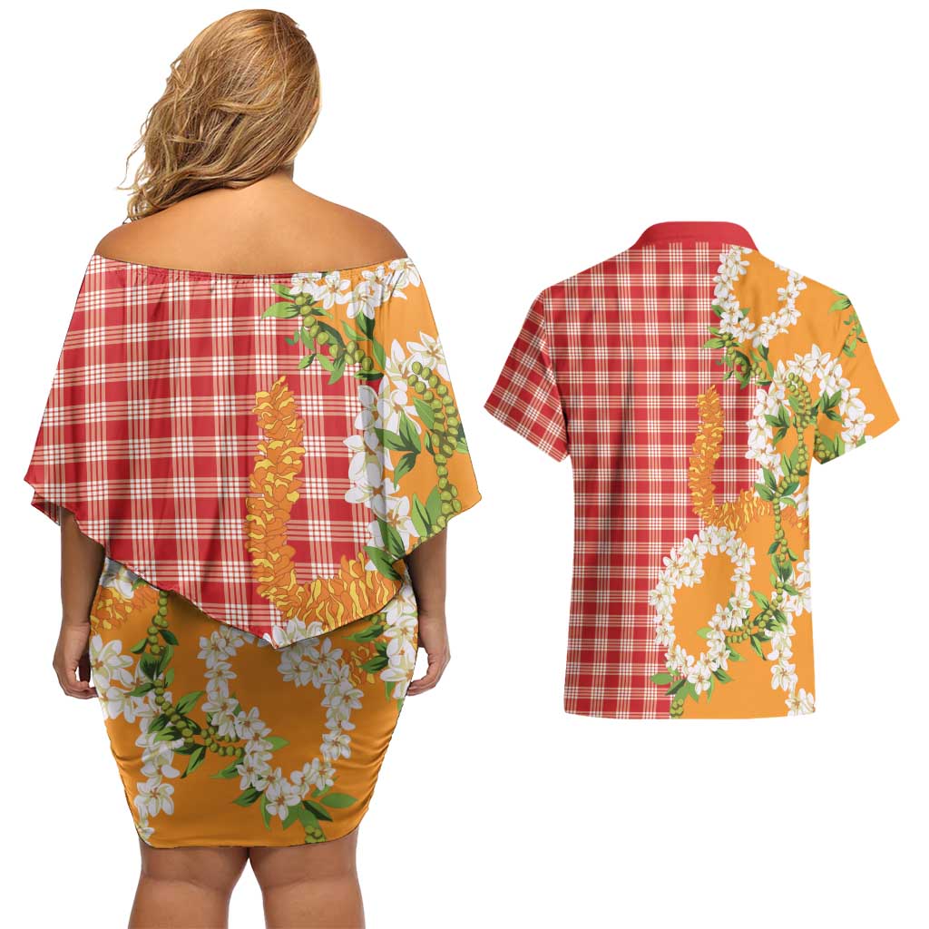 Prince Kuhio Aloha Hawaii Couples Matching Off Shoulder Short Dress and Hawaiian Shirt Plumeria Ilima Lei Palaka Motifs LT14 - Polynesian Pride