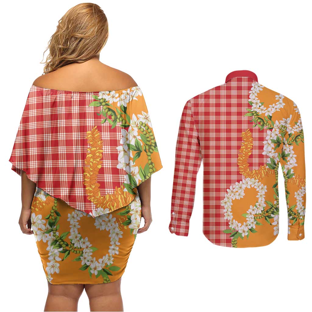 Prince Kuhio Aloha Hawaii Couples Matching Off Shoulder Short Dress and Long Sleeve Button Shirt Plumeria Ilima Lei Palaka Motifs LT14 - Polynesian Pride