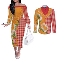 Prince Kuhio Aloha Hawaii Couples Matching Off The Shoulder Long Sleeve Dress and Long Sleeve Button Shirt Plumeria Ilima Lei Palaka Motifs LT14 Red - Polynesian Pride