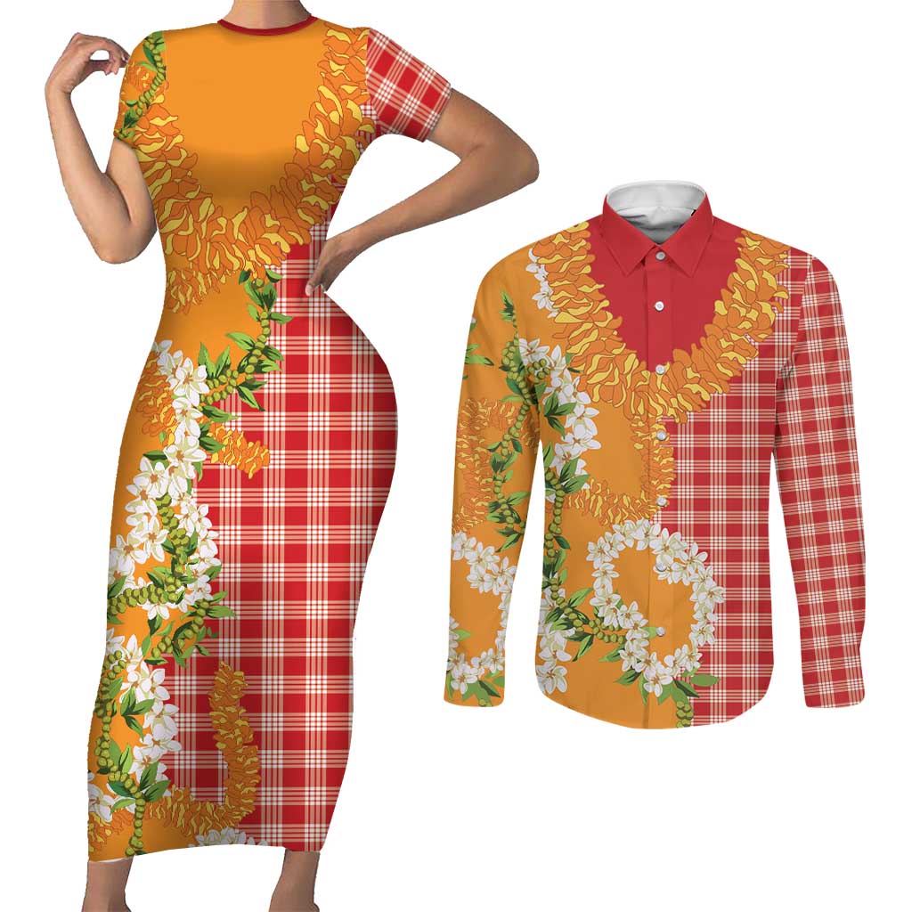 Prince Kuhio Aloha Hawaii Couples Matching Short Sleeve Bodycon Dress and Long Sleeve Button Shirt Plumeria Ilima Lei Palaka Motifs LT14 Red - Polynesian Pride