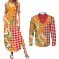 Prince Kuhio Aloha Hawaii Couples Matching Summer Maxi Dress and Long Sleeve Button Shirt Plumeria Ilima Lei Palaka Motifs LT14 Red - Polynesian Pride