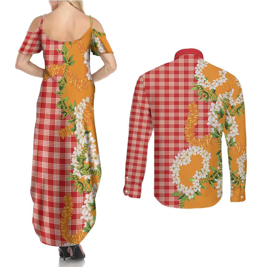Prince Kuhio Aloha Hawaii Couples Matching Summer Maxi Dress and Long Sleeve Button Shirt Plumeria Ilima Lei Palaka Motifs LT14 - Polynesian Pride
