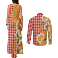 Prince Kuhio Aloha Hawaii Couples Matching Tank Maxi Dress and Long Sleeve Button Shirt Plumeria Ilima Lei Palaka Motifs LT14 - Polynesian Pride