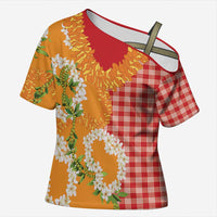 Prince Kuhio Aloha Hawaii Cross Shoulder Shirt Plumeria Ilima Lei Palaka Motifs