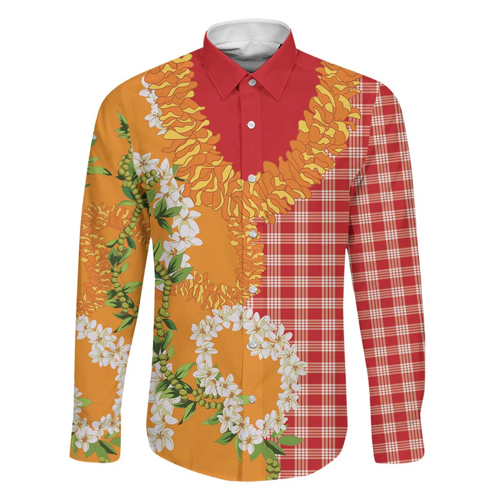 Prince Kuhio Aloha Hawaii Family Matching Off Shoulder Short Dress and Hawaiian Shirt Plumeria Ilima Lei Palaka Motifs LT14 Dad's Shirt - Long Sleeve Red - Polynesian Pride