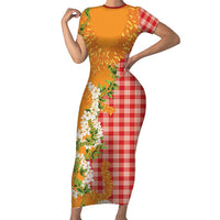 Prince Kuhio Aloha Hawaii Family Matching Short Sleeve Bodycon Dress and Hawaiian Shirt Plumeria Ilima Lei Palaka Motifs LT14 Mom's Dress Red - Polynesian Pride