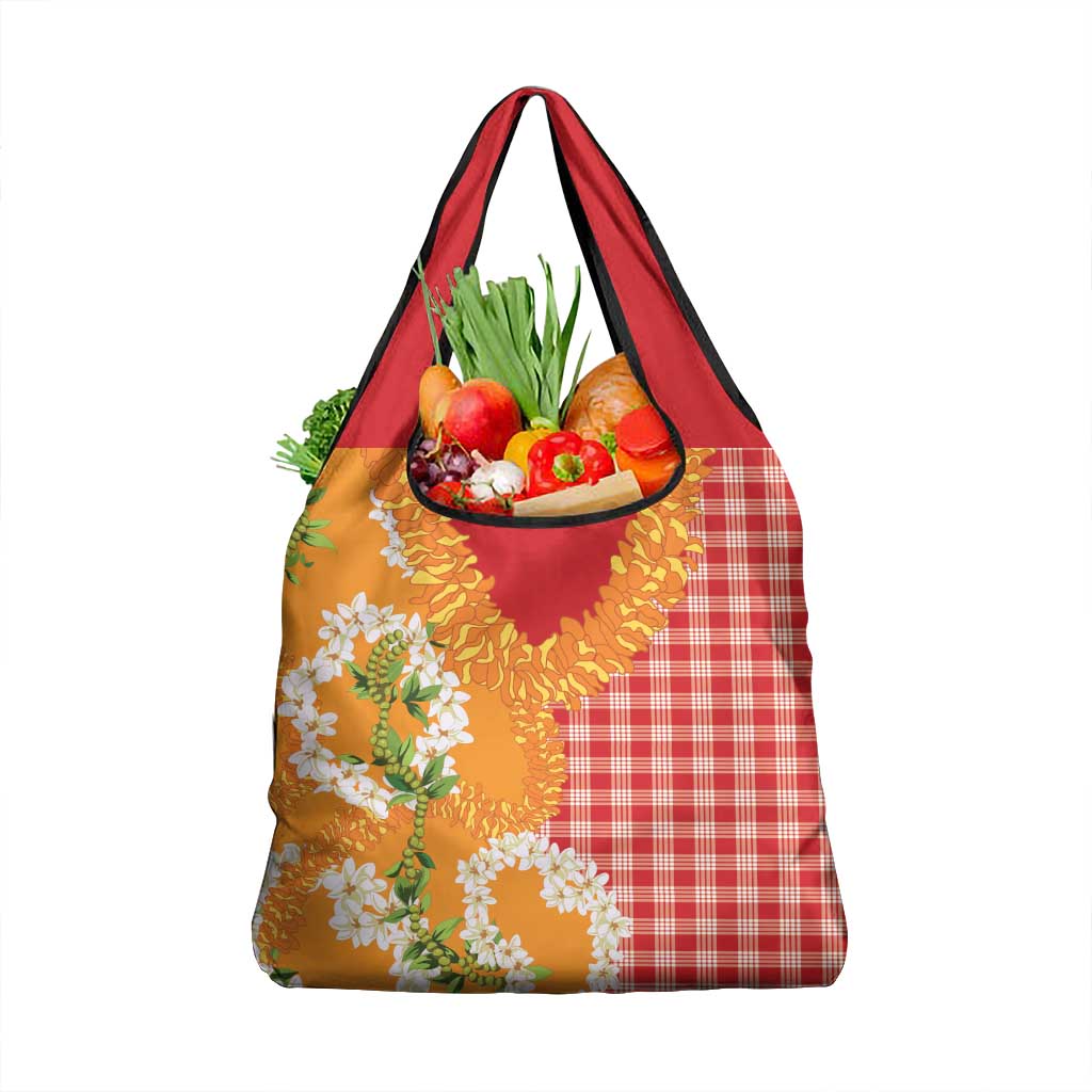 Prince Kuhio Aloha Hawaii Grocery Bag Plumeria Ilima Lei Palaka Motifs