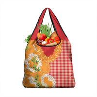 Prince Kuhio Aloha Hawaii Grocery Bag Plumeria Ilima Lei Palaka Motifs