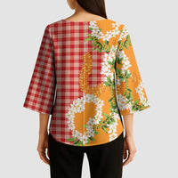 Prince Kuhio Aloha Hawaii Kimono Sleeve Blouse Plumeria Ilima Lei Palaka Motifs