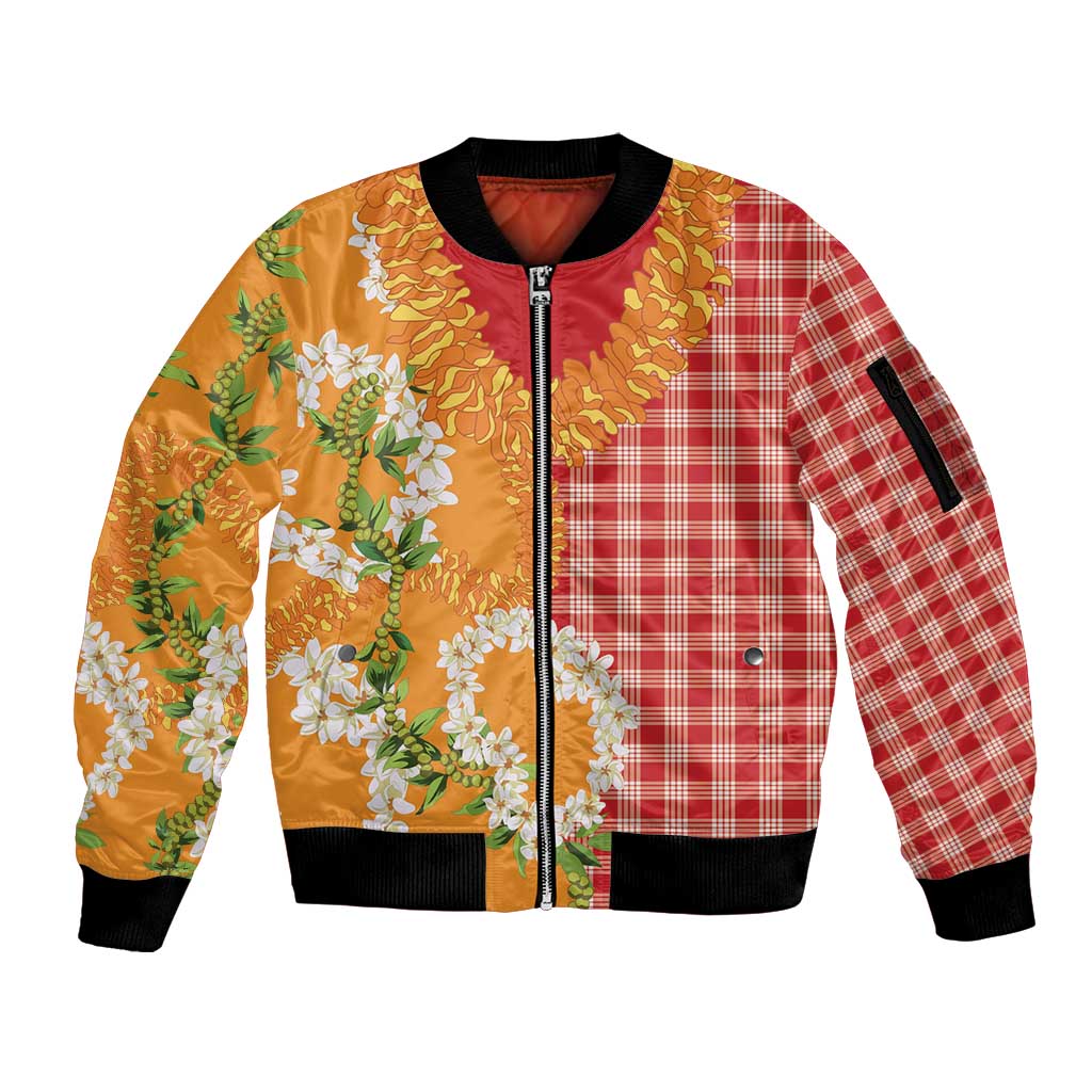Prince Kuhio Aloha Hawaii Sleeve Zip Bomber Jacket Plumeria Ilima Lei Palaka Motifs