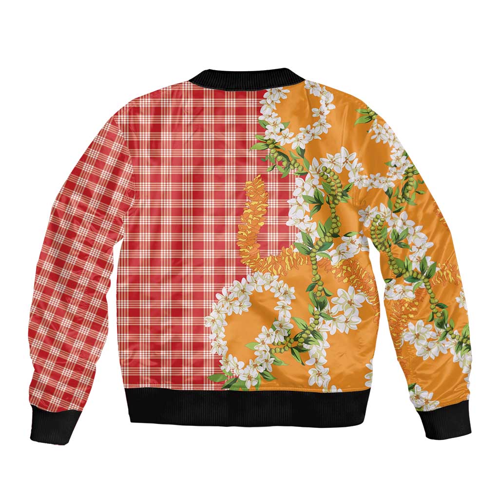 Prince Kuhio Aloha Hawaii Sleeve Zip Bomber Jacket Plumeria Ilima Lei Palaka Motifs