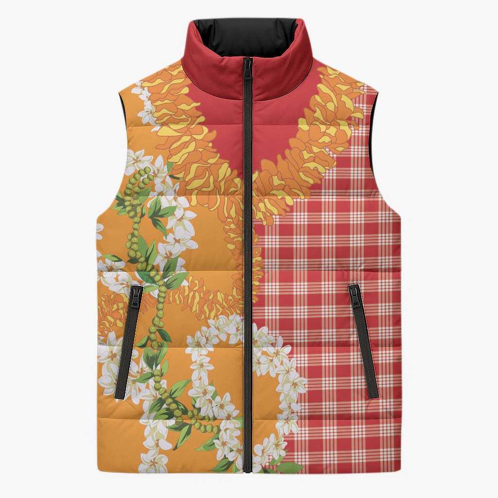 Prince Kuhio Aloha Hawaii Sleeveless Puffer Jacket Plumeria Ilima Lei Palaka Motifs