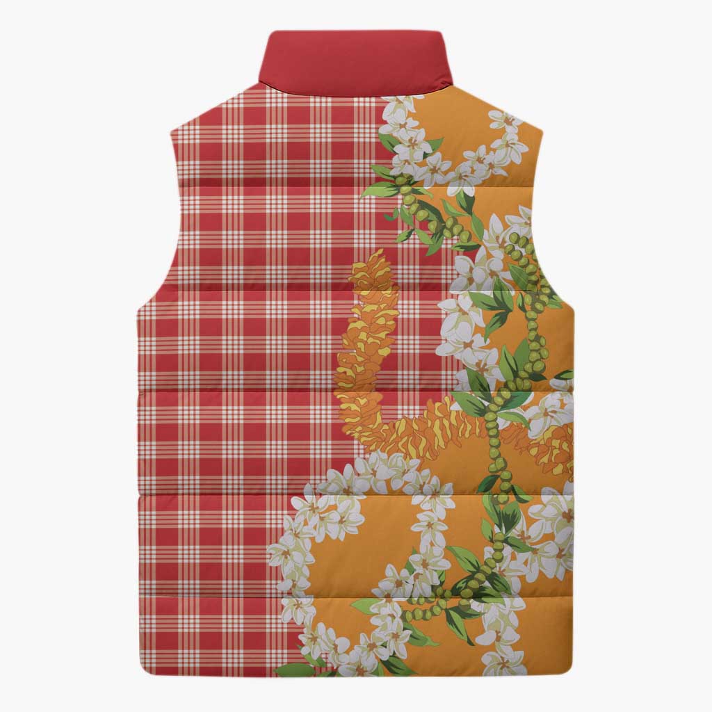 Prince Kuhio Aloha Hawaii Sleeveless Puffer Jacket Plumeria Ilima Lei Palaka Motifs