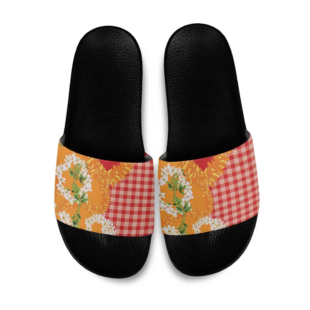 Prince Kuhio Aloha Hawaii Slide Sandals Plumeria Ilima Lei Palaka Motifs
