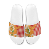 Prince Kuhio Aloha Hawaii Slide Sandals Plumeria Ilima Lei Palaka Motifs