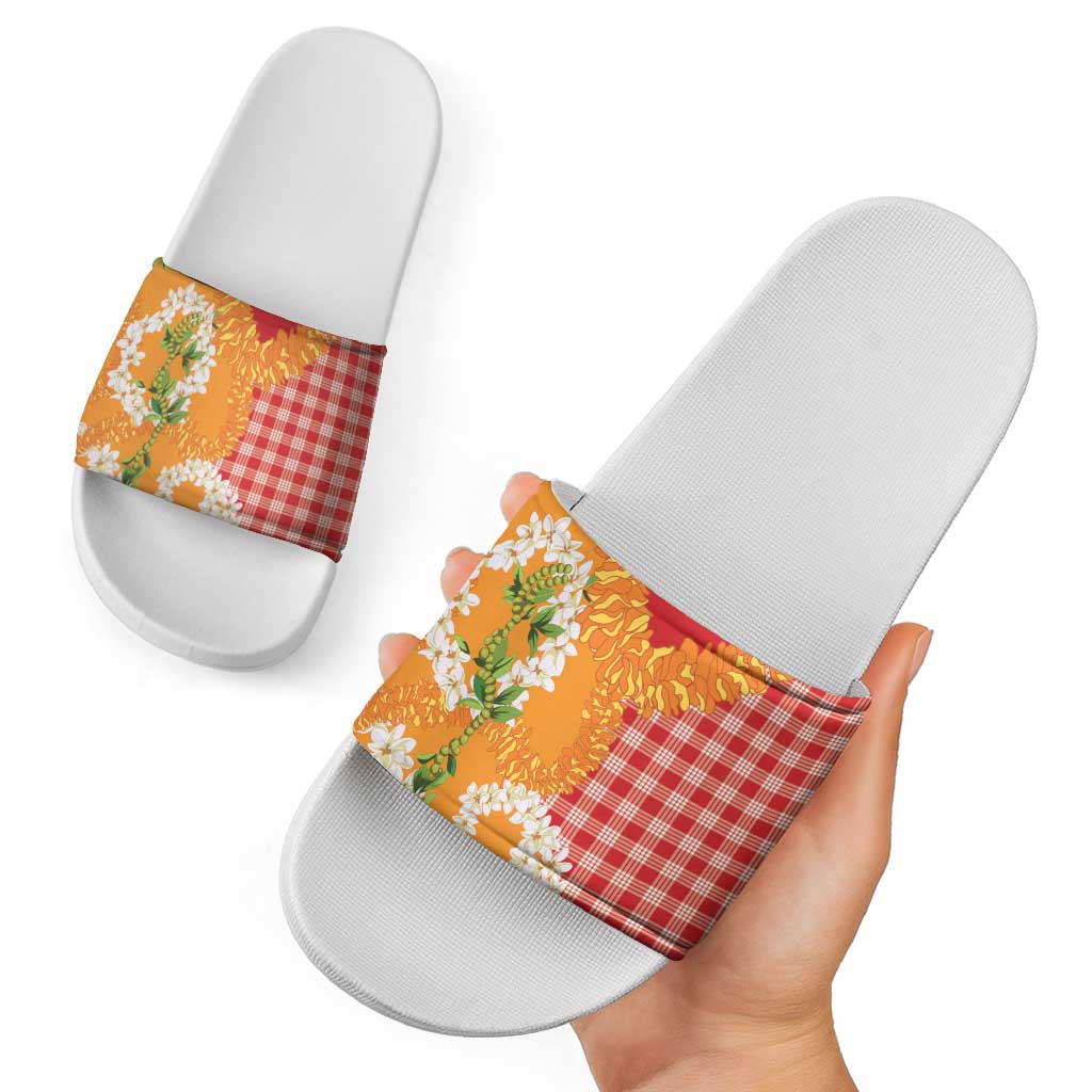 Prince Kuhio Aloha Hawaii Slide Sandals Plumeria Ilima Lei Palaka Motifs