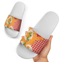Prince Kuhio Aloha Hawaii Slide Sandals Plumeria Ilima Lei Palaka Motifs