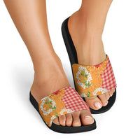 Prince Kuhio Aloha Hawaii Slide Sandals Plumeria Ilima Lei Palaka Motifs
