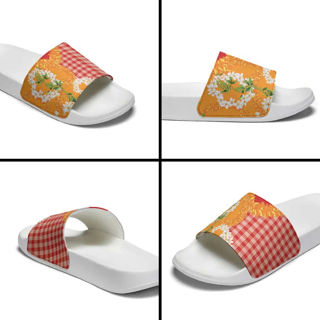 Prince Kuhio Aloha Hawaii Slide Sandals Plumeria Ilima Lei Palaka Motifs