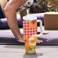 Prince Kuhio Aloha Hawaii Tumbler With Handle Plumeria Ilima Lei Palaka Motifs LT14 - Polynesian Pride