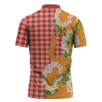 Prince Kuhio Aloha Hawaii Zipper Polo Shirt Plumeria Ilima Lei Palaka Motifs