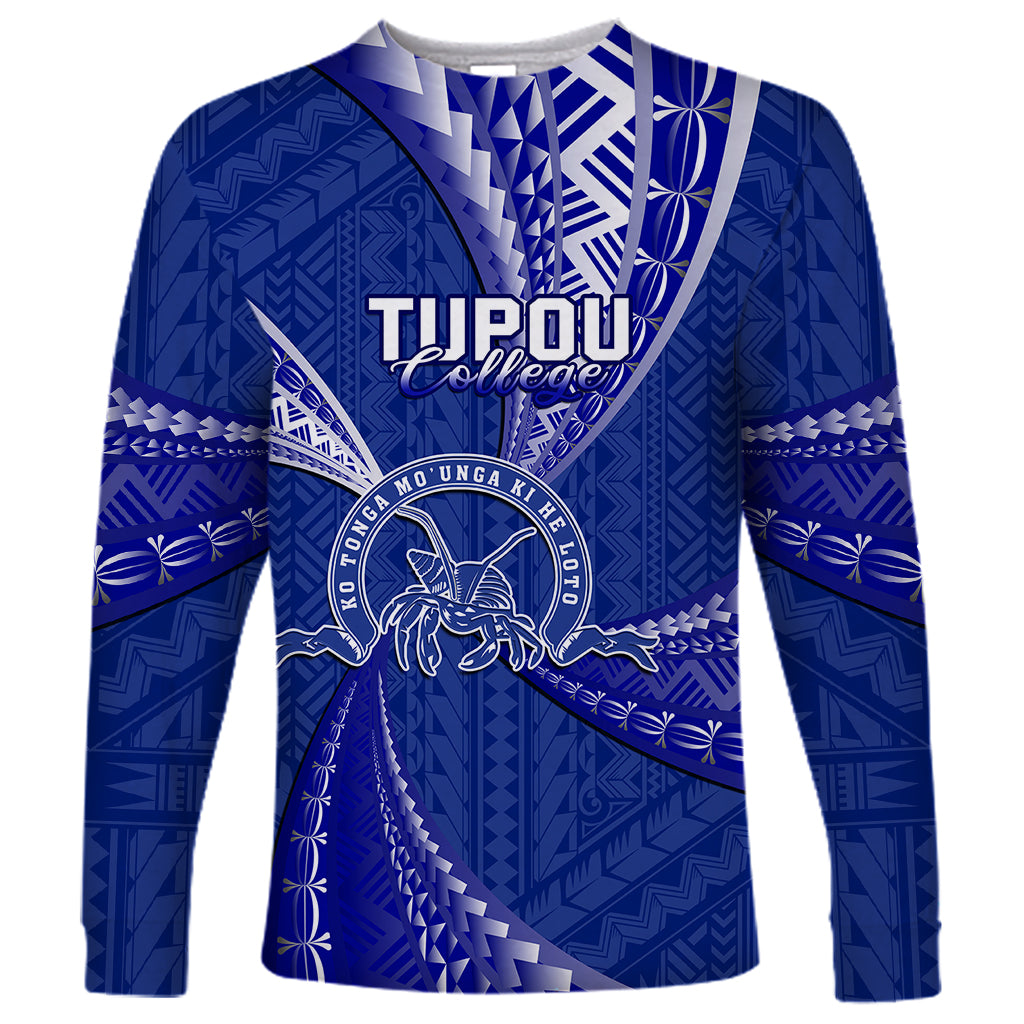 Personalised Tonga Tupou College Long Sleeve Shirt Tongan Ngatu Pattern LT14 Unisex Blue - Polynesian Pride