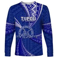 Personalised Tonga Tupou College Long Sleeve Shirt Tongan Ngatu Pattern LT14 Unisex Blue - Polynesian Pride
