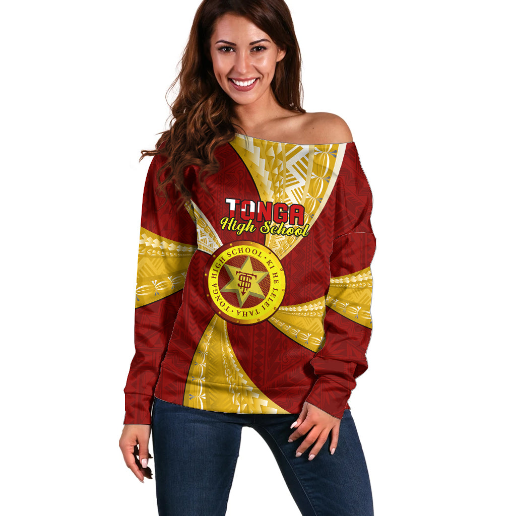 Personalised Tonga High School Off Shoulder Sweater Class Of Year Tongan Ngatu Pattern LT14 Women Maroon - Polynesian Pride