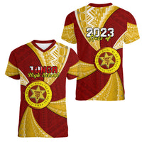 Personalised Tonga High School Women V Neck T Shirt Class Of Year Tongan Ngatu Pattern LT14 - Polynesian Pride