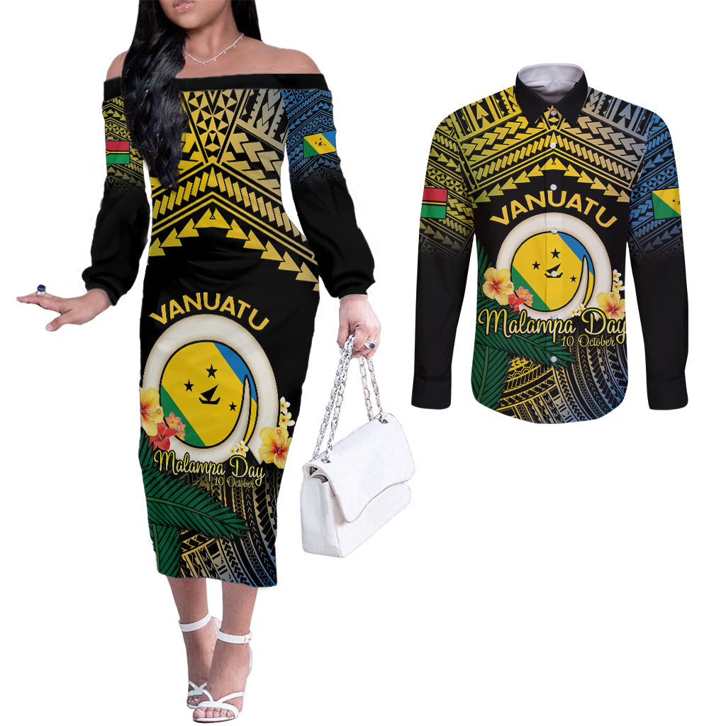 Personalised Malampa Day Couples Matching Off The Shoulder Long Sleeve Dress and Long Sleeve Button Shirt Vanuatu Provinces Polynesian Pattern LT14 Black - Polynesian Pride