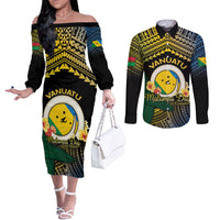 Personalised Malampa Day Couples Matching Off The Shoulder Long Sleeve Dress and Long Sleeve Button Shirt Vanuatu Provinces Polynesian Pattern LT14 Black - Polynesian Pride