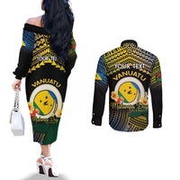 Personalised Malampa Day Couples Matching Off The Shoulder Long Sleeve Dress and Long Sleeve Button Shirt Vanuatu Provinces Polynesian Pattern LT14 - Polynesian Pride